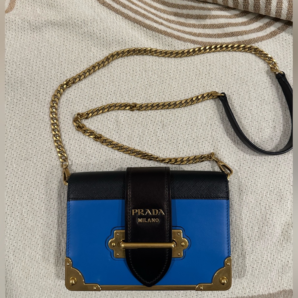 Prada Cahier Mini Crossbody clutch Bag Blue Black Gold
